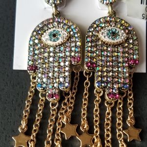 Rhinestone Betsey Johnson hand eye star earrings